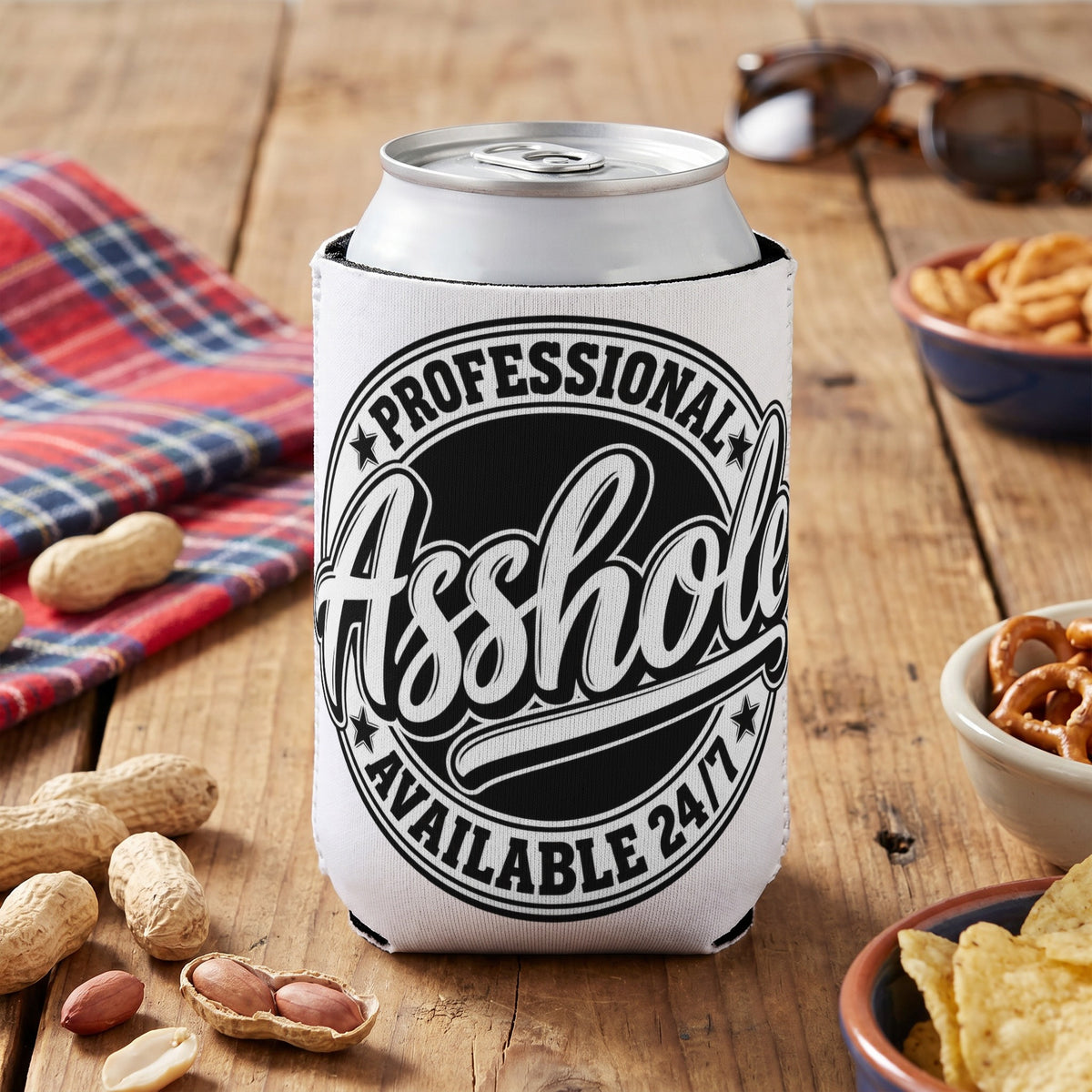 White can koozie with "Professional Asshole Available 24/7" text.