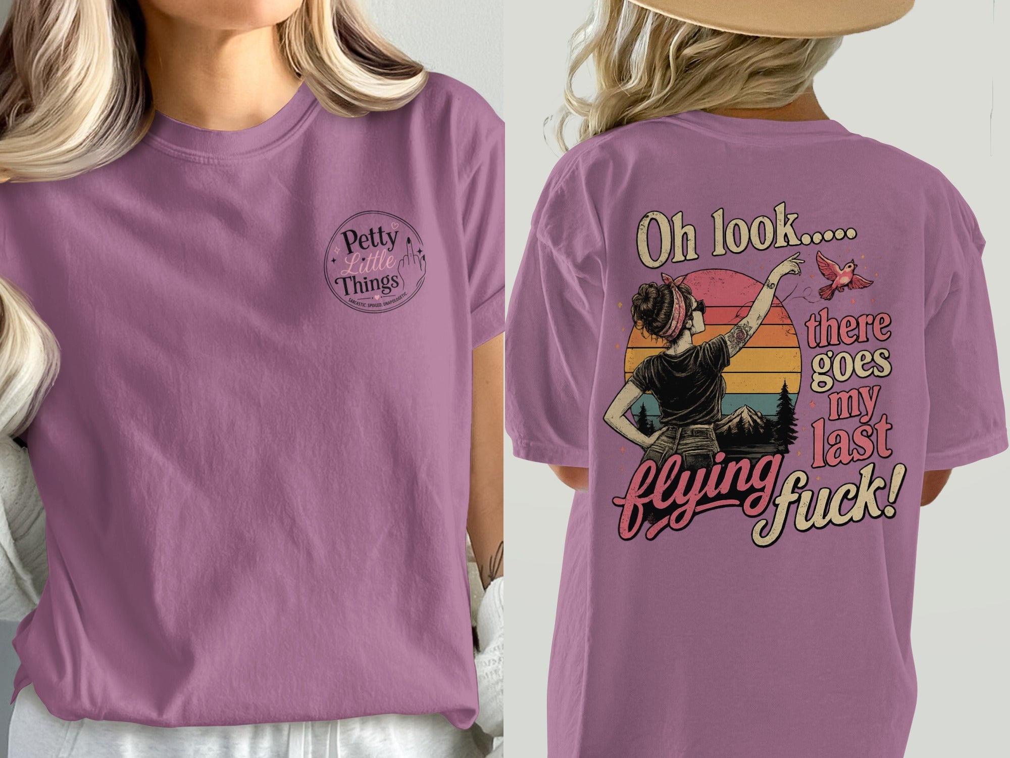 Purple t-shirt with "Petty Little Things" logo on front and graphic on back.