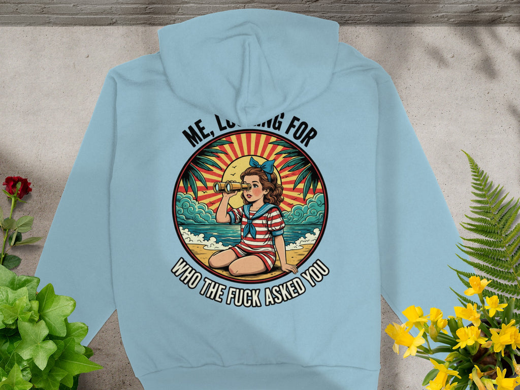 Light blue hoodie with a graphic of a retro woman looking through binoculars and text.