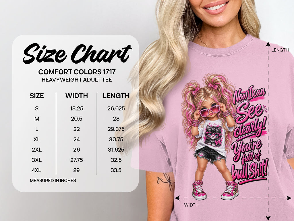 Size chart for Comfort Colors 1717 heavyweight adult tee with measurements.