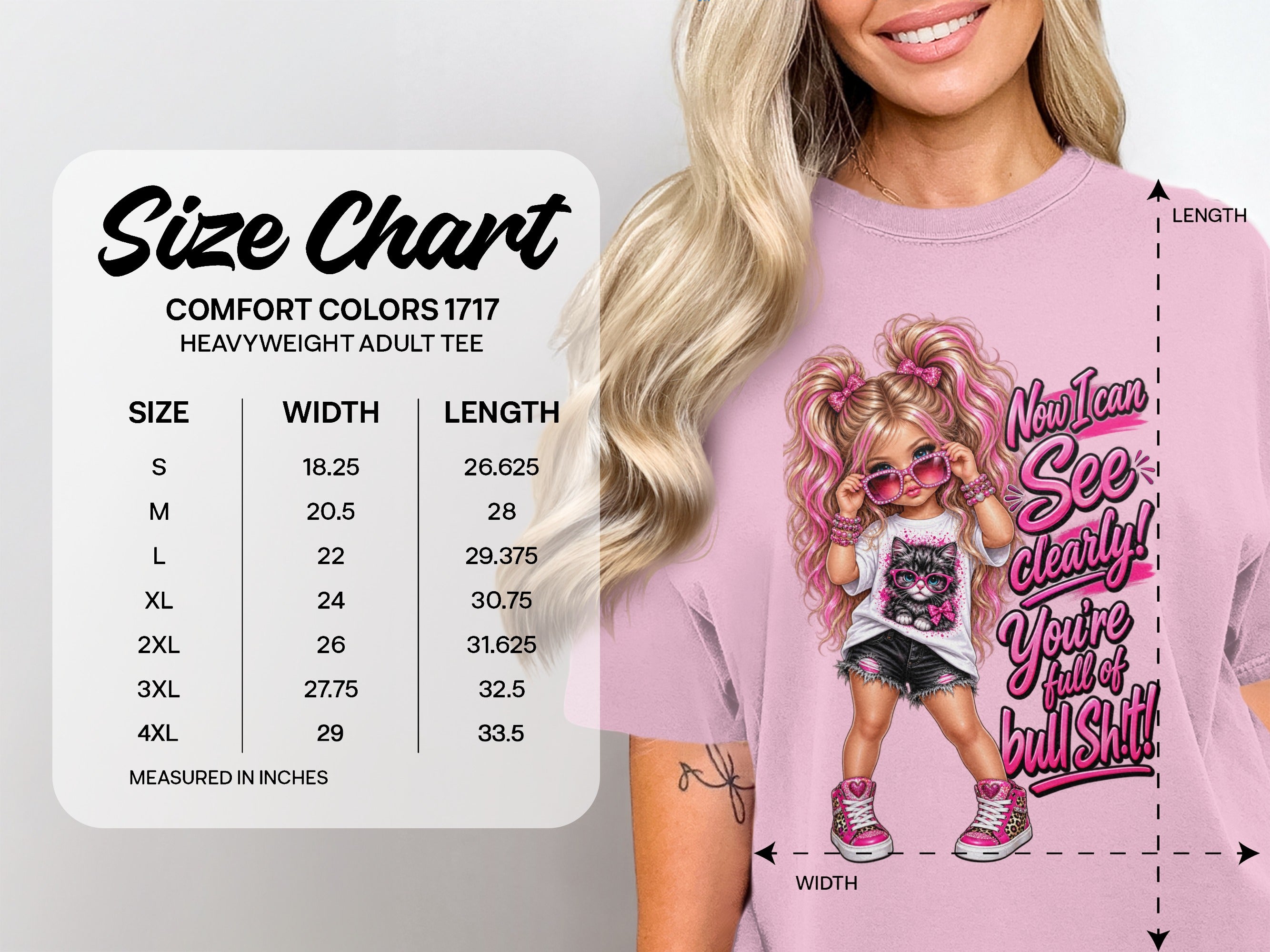 Size chart for Comfort Colors 1717 heavyweight adult tee with measurements.