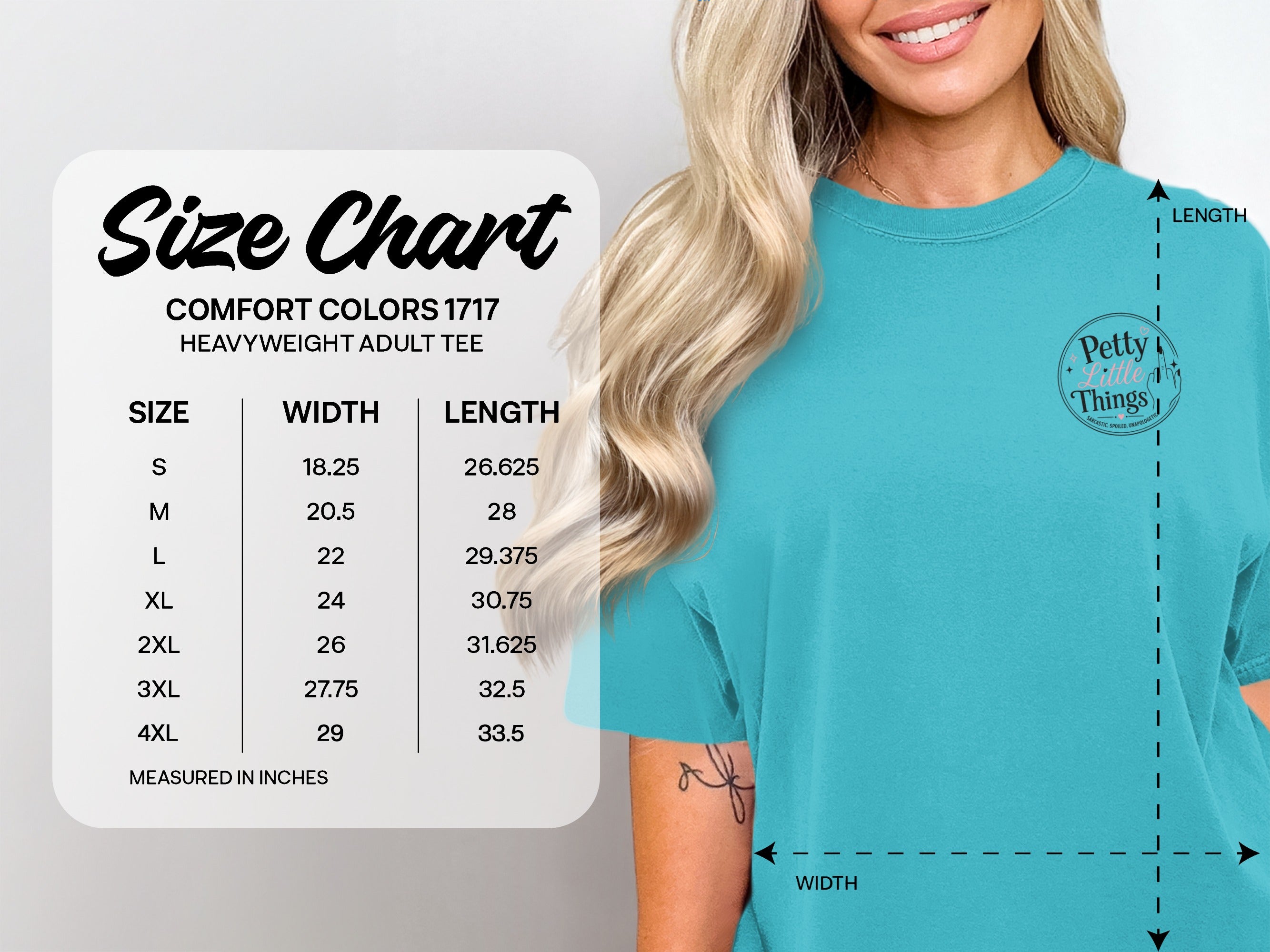 Comfort Colors 1717 heavyweight adult tee size chart with width and length measurements.