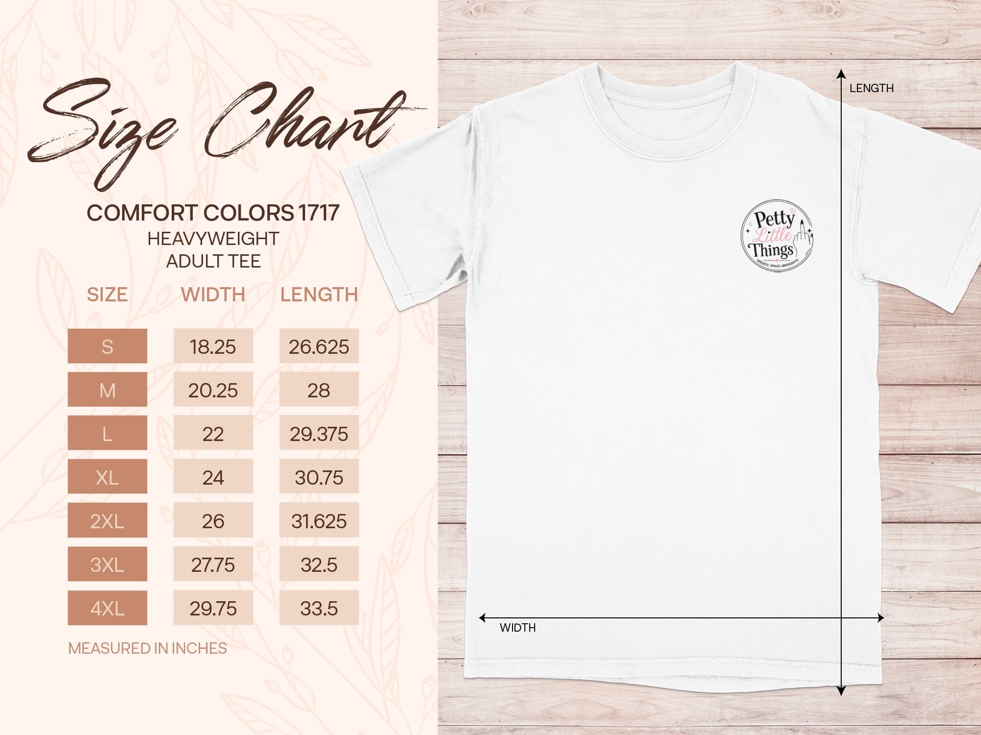 Comfort Colors 1717 heavyweight adult tee size chart with width and length measurements in inches.