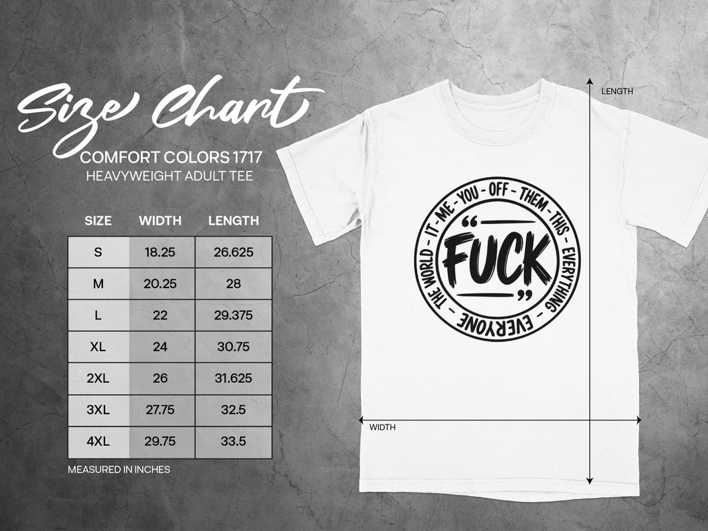 Comfort Colors 1717 heavyweight adult tee size chart with width and length measurements.