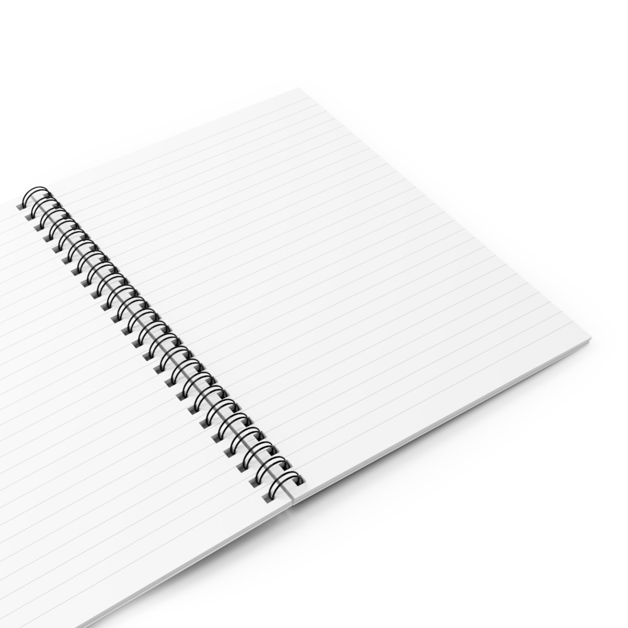 Open spiral-bound notebook with ruled white pages against a white background.