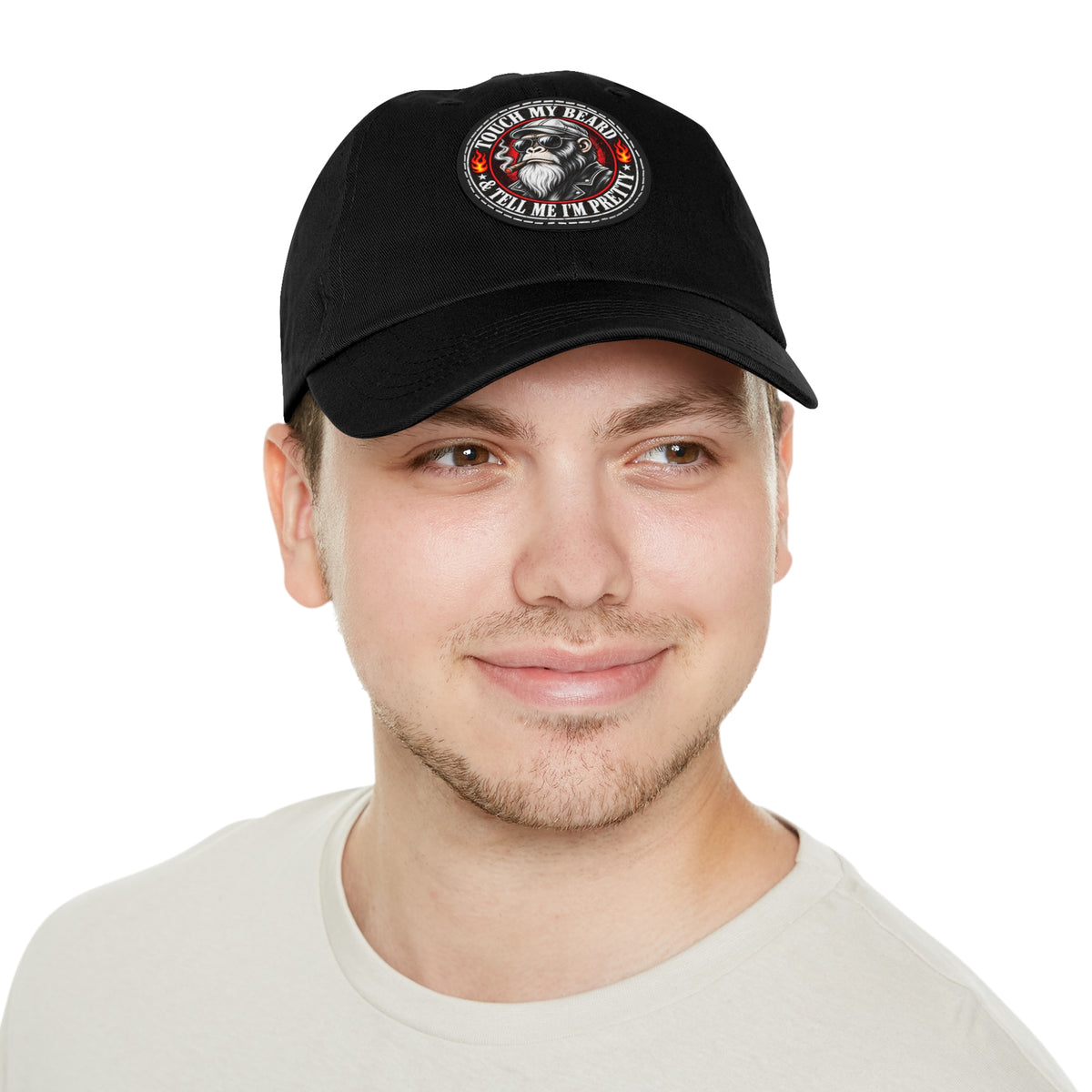Black baseball cap with a patch that says "TOUCH MY BEARD & TELL ME I'M PRETTY".