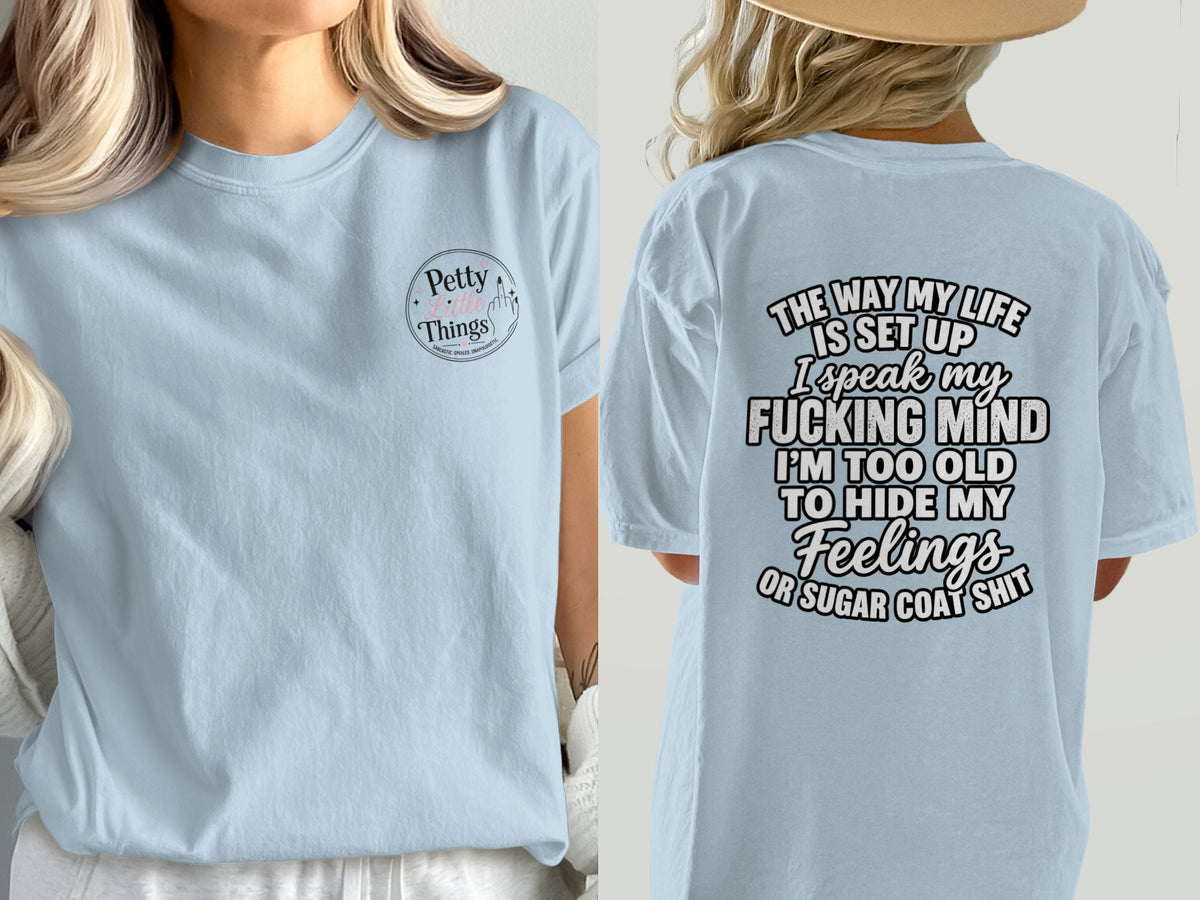 Light blue t-shirt with "Petty Little Things" logo on front and sarcastic text on back.