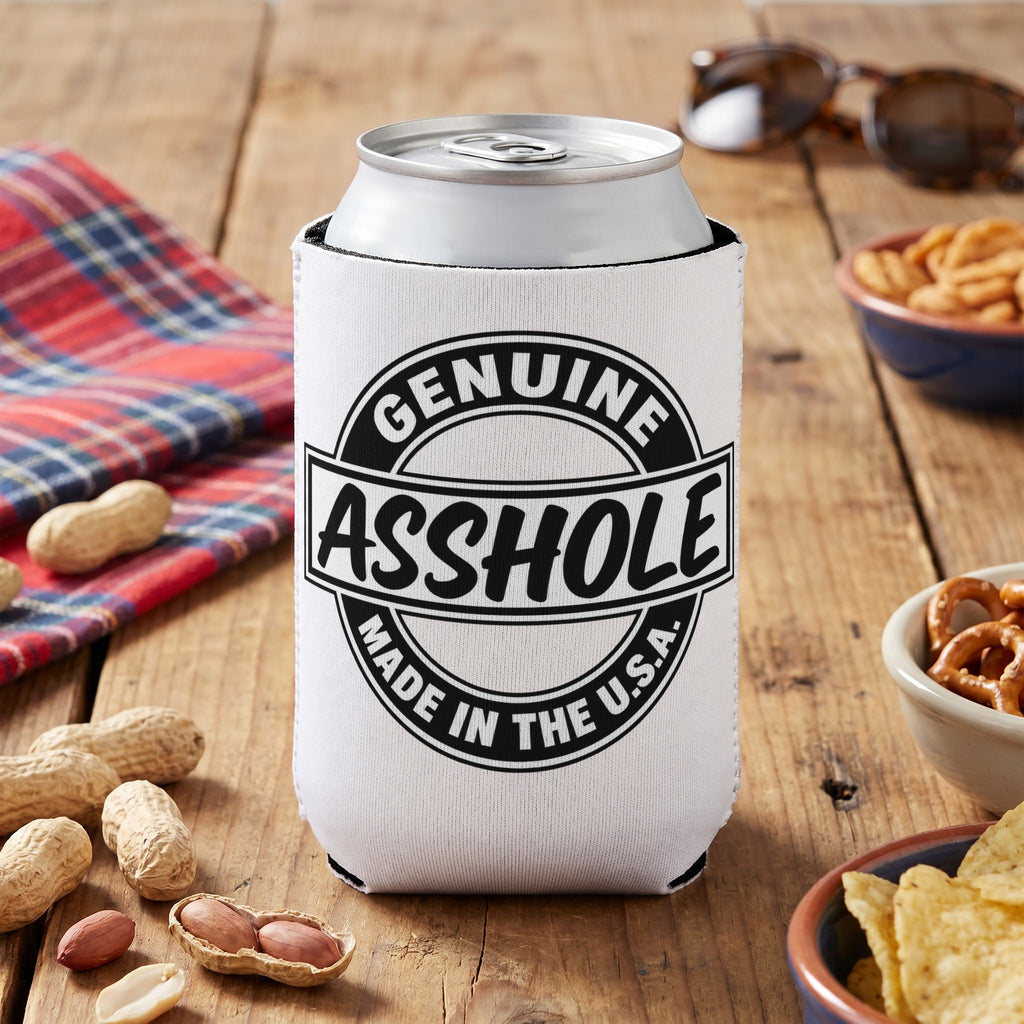 White can cooler with "Genuine Asshole Made in the U.S.A." text and can inside.