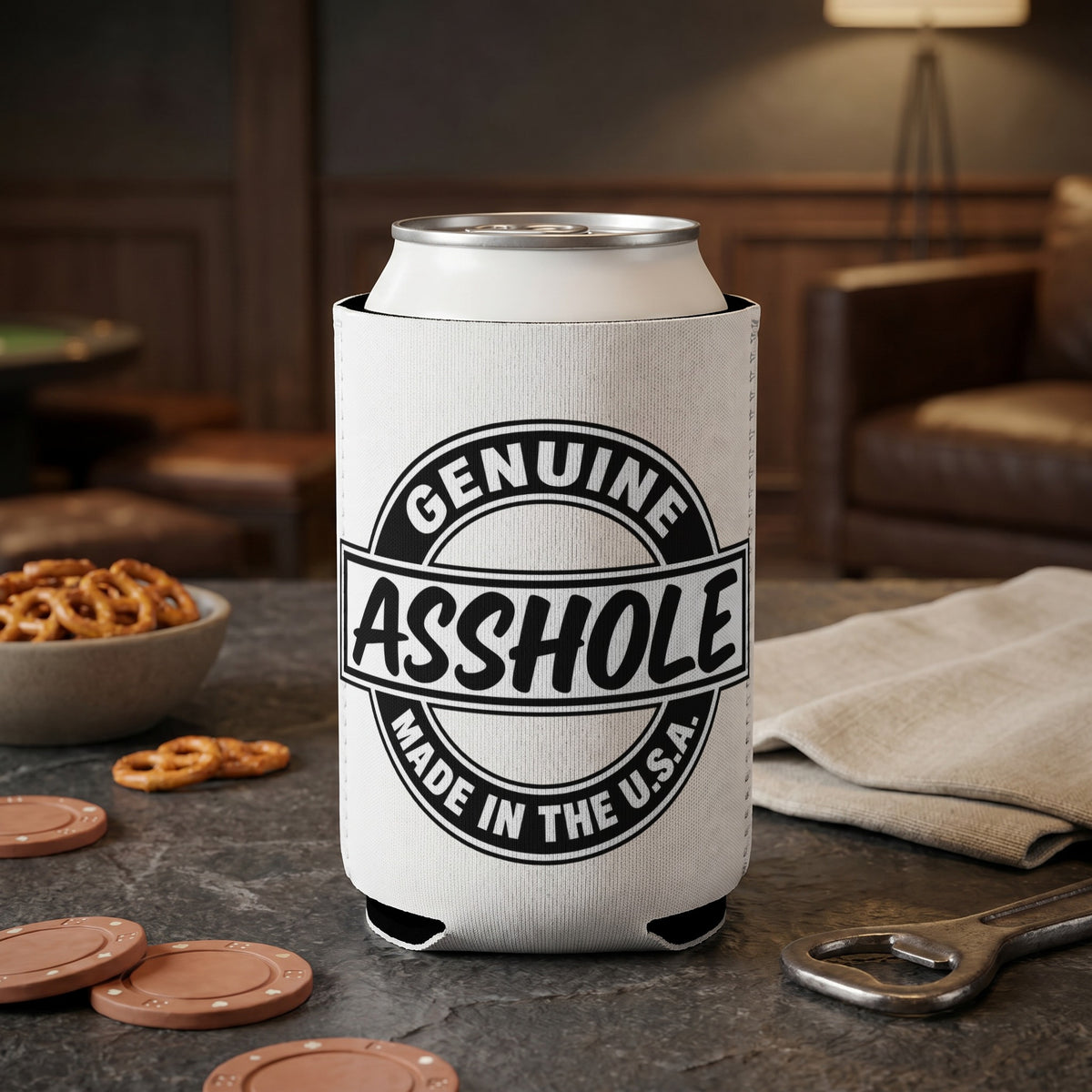 White can cooler with black text reading "GENUINE ASSHOLE MADE IN THE U.S.A."