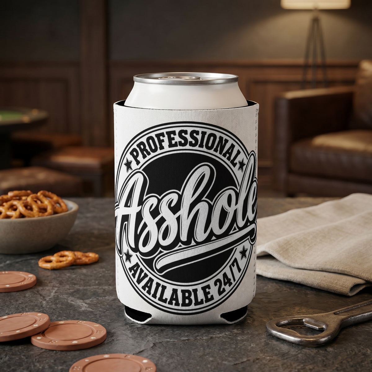 White koozie on a can with text "PROFESSIONAL Asshole AVAILABLE 24/7".
