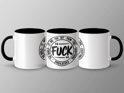 Three white mugs with black handles and rims, one centered with "FUCK" and circling text.