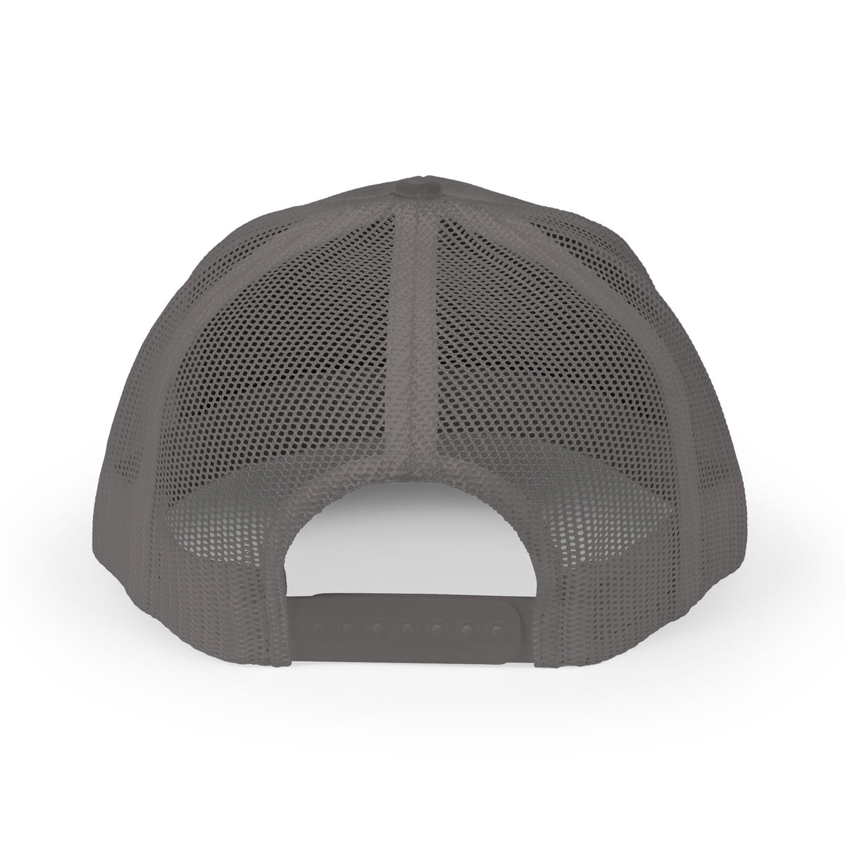 Back view of a gray trucker hat with a mesh back and snapback closure.