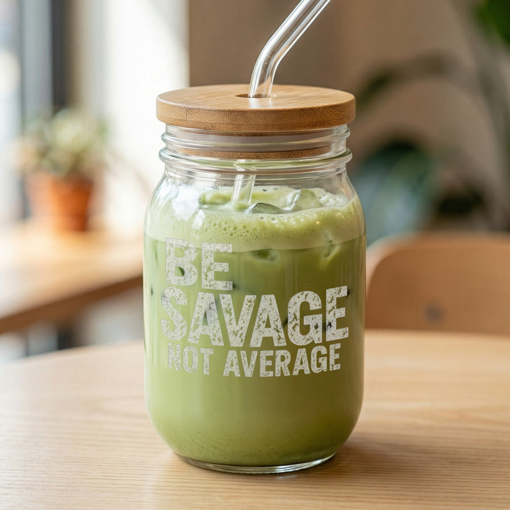 Glass jar with bamboo lid, glass straw, and "BE SAVAGE NOT AVERAGE" text.
