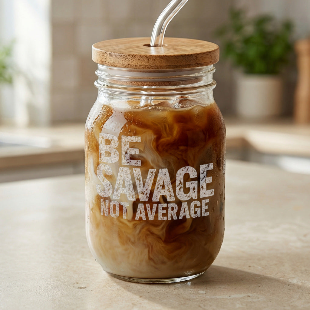 Glass jar with bamboo lid and straw filled with iced coffee, text reads "BE SAVAGE NOT AVERAGE."
