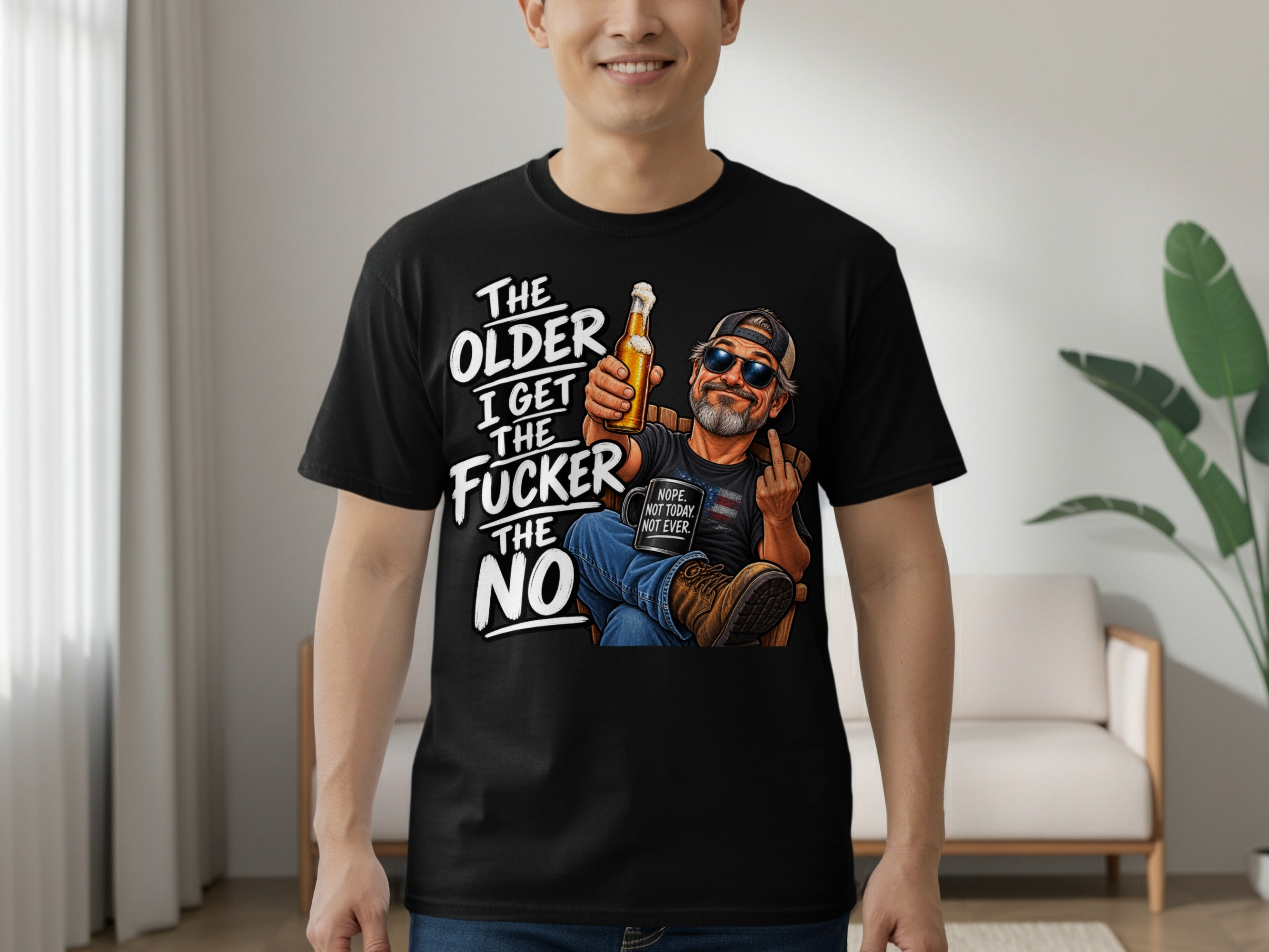 Black t-shirt with graphic of man holding beer, text: "The older I get the fucker the no".