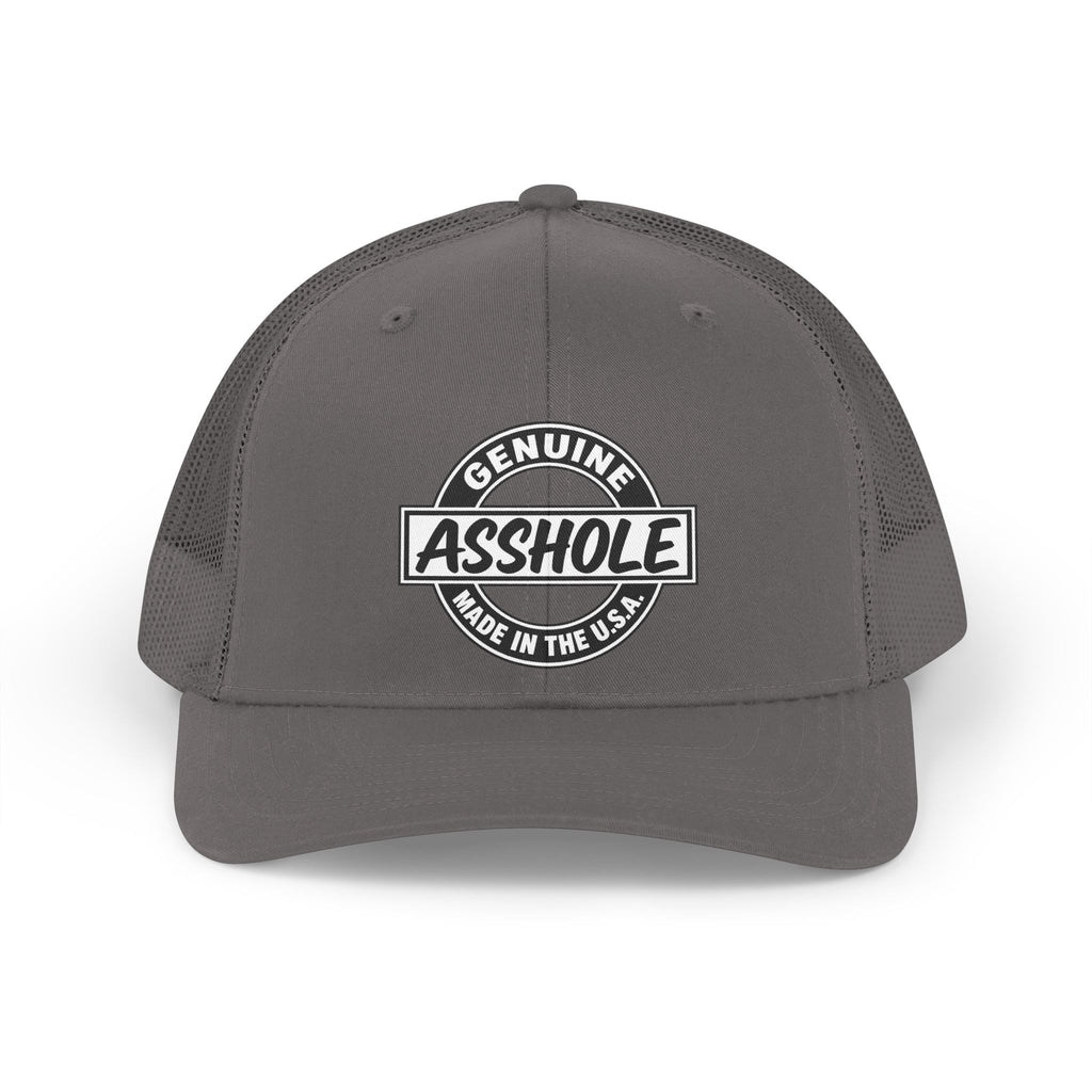 Gray trucker hat with "Genuine Asshole Made in the U.S.A." embroidered emblem.