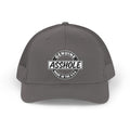 Gray trucker hat with "Genuine Asshole Made in the U.S.A." embroidered emblem.