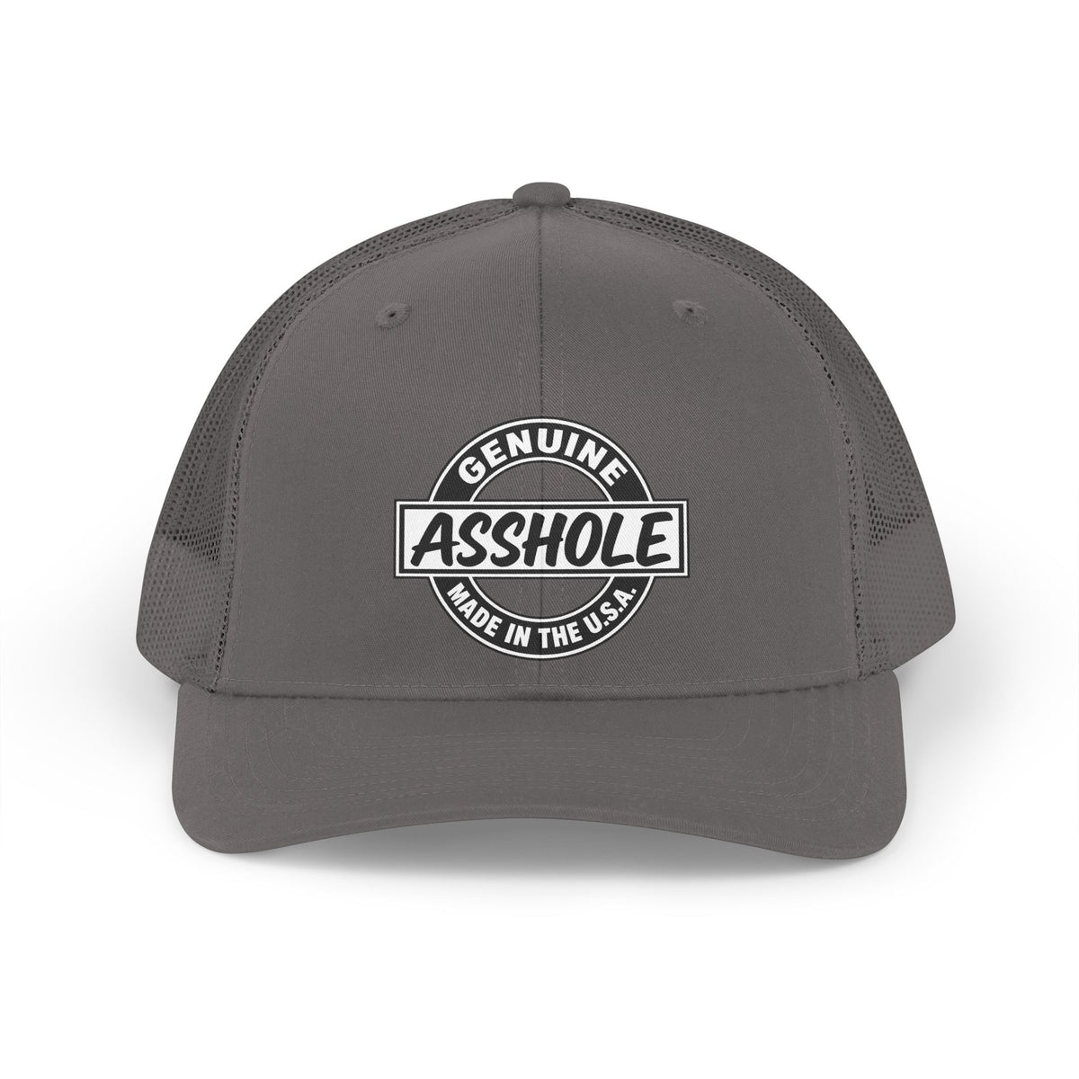Gray trucker hat with "Genuine Asshole Made in the U.S.A." embroidered emblem.