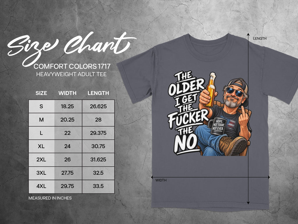 Comfort Colors 1717 size chart with t-shirt graphic of a man holding a beer.