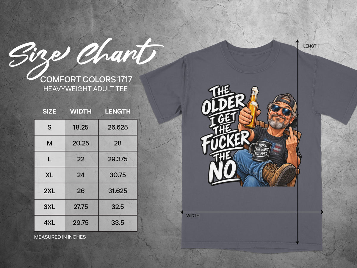 Comfort Colors 1717 size chart with t-shirt graphic of a man holding a beer.