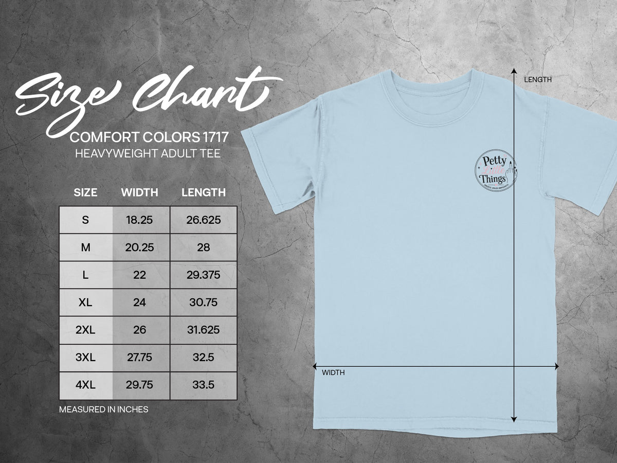 Comfort Colors 1717 heavyweight adult tee size chart with measurements in inches.
