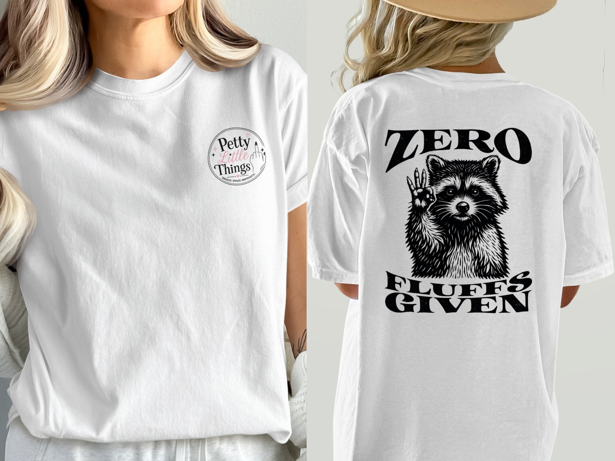 White t-shirt with "Petty Little Things" logo on front and raccoon graphic on back.