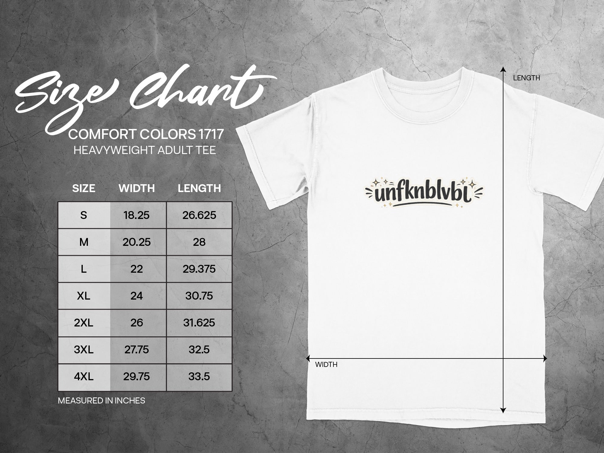 Comfort Colors 1717 heavyweight adult tee size chart with width and length measurements.