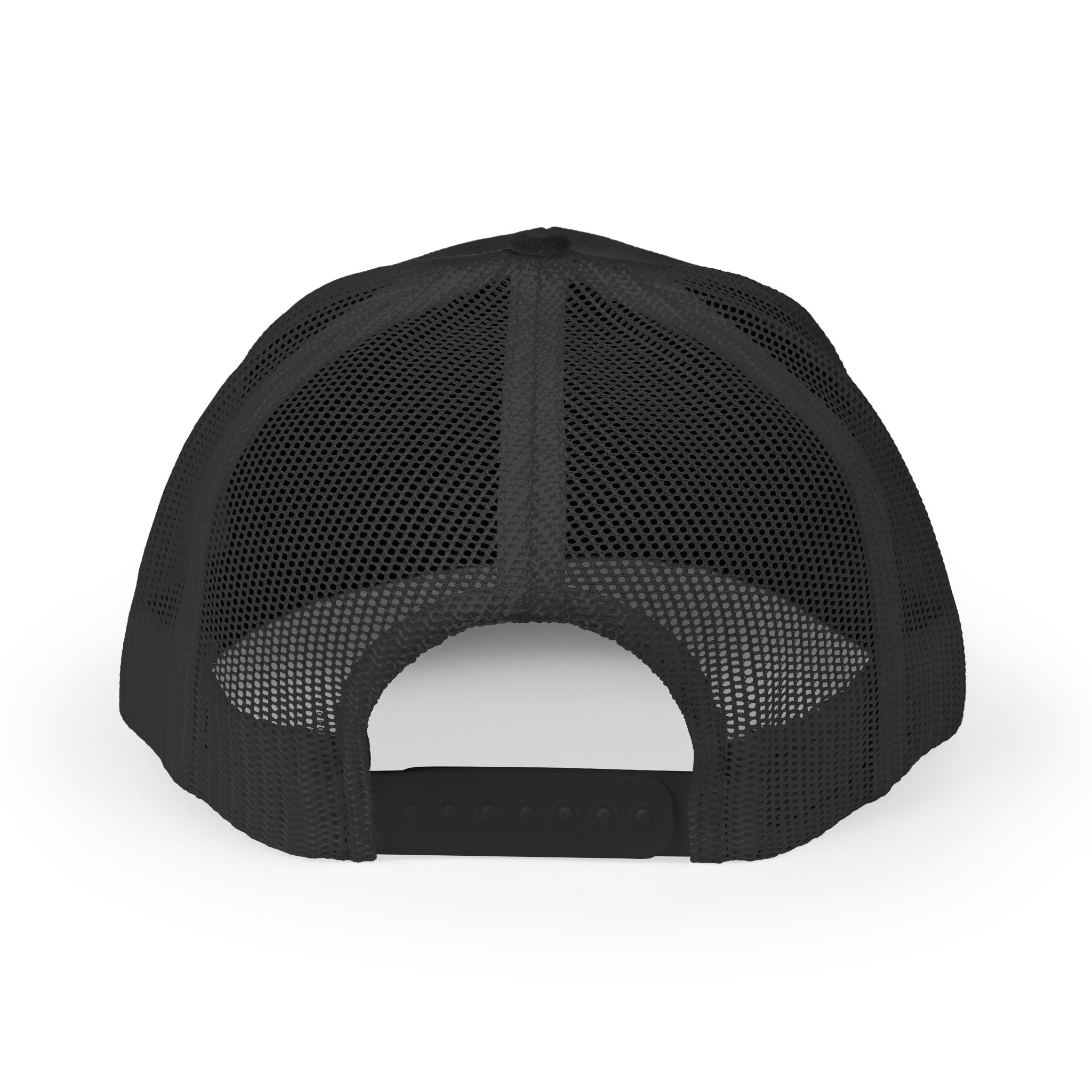 Black trucker cap with mesh back and adjustable snapback strap.
