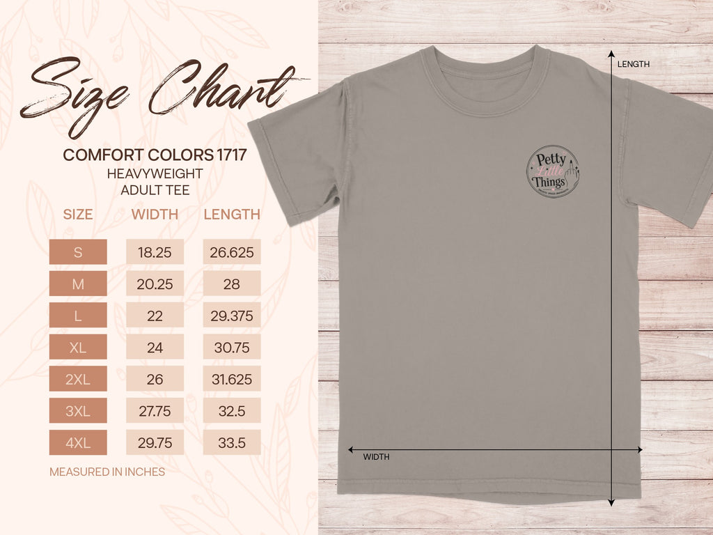 Comfort Colors 1717 heavyweight adult tee size chart with width and length measurements in inches.