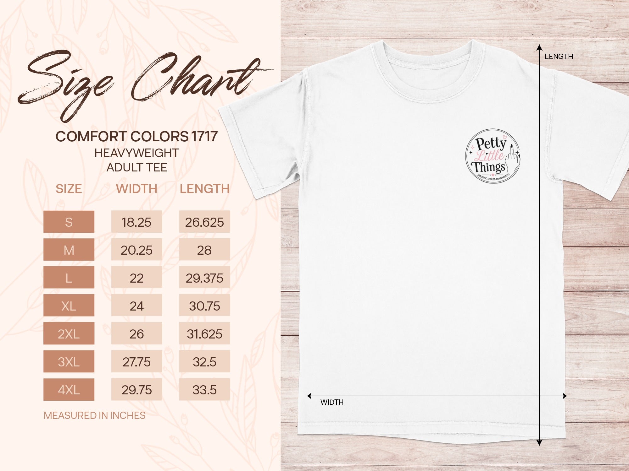 Comfort Colors 1717 heavyweight adult tee size chart with measurements in inches.