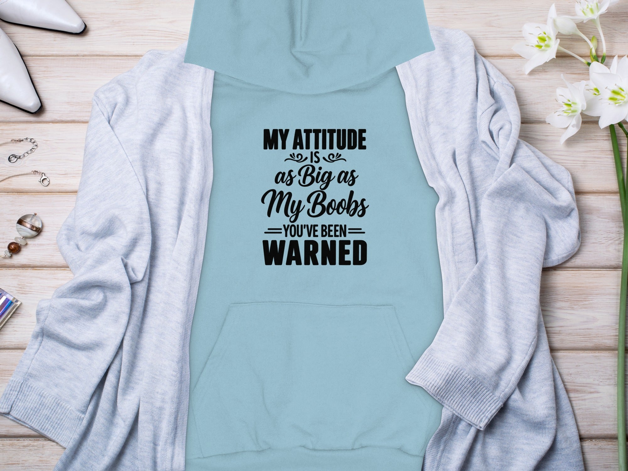Light blue hoodie with "My attitude is as big as my boobs, you've been warned" text.