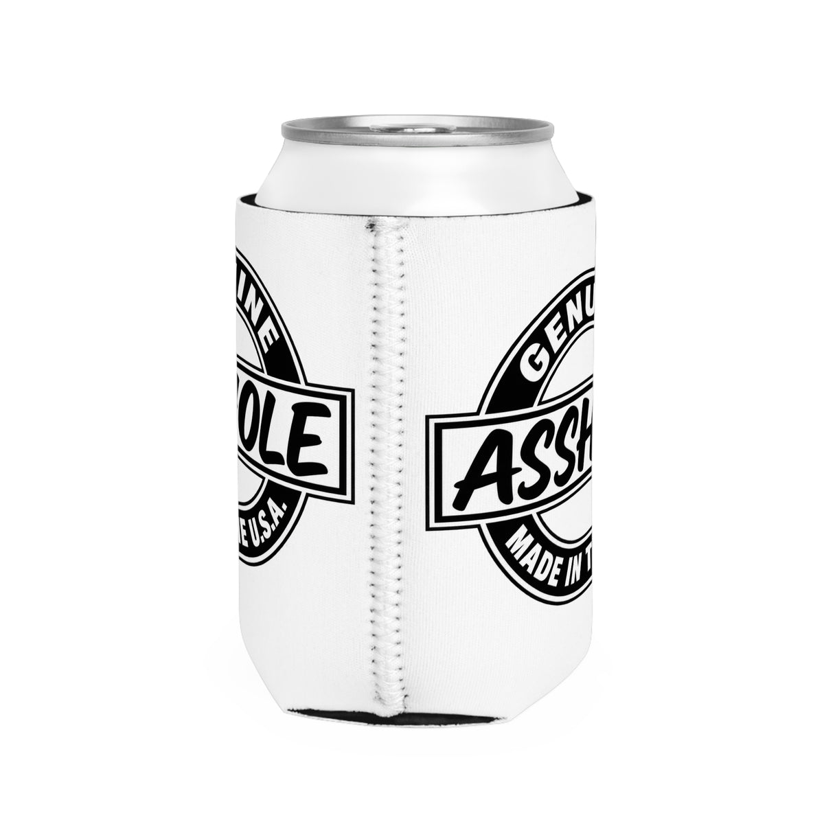 White can cooler with black text reading "Genuine Asshole" and "Made in U.S.A."