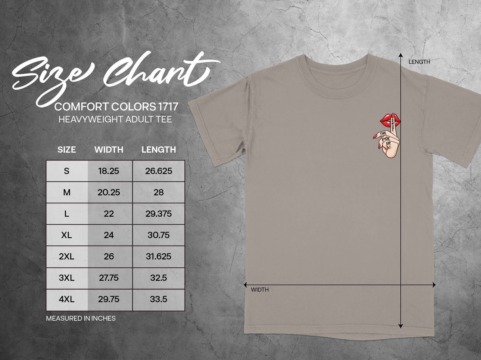 Comfort Colors 1717 heavyweight adult tee size chart with width and length measurements in inches.