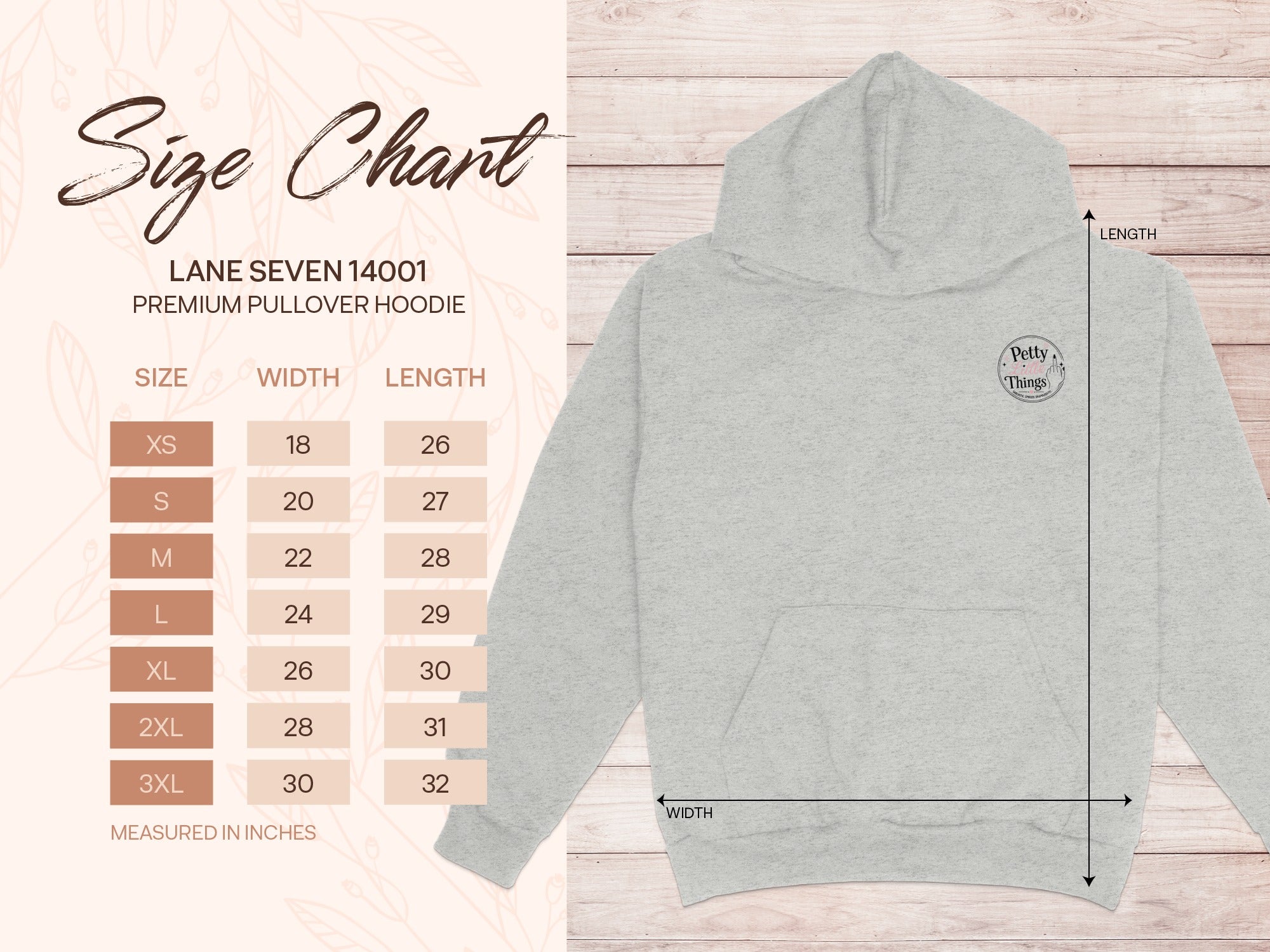 Size chart for Lane Seven 14001 Premium Pullover Hoodie, measured in inches.