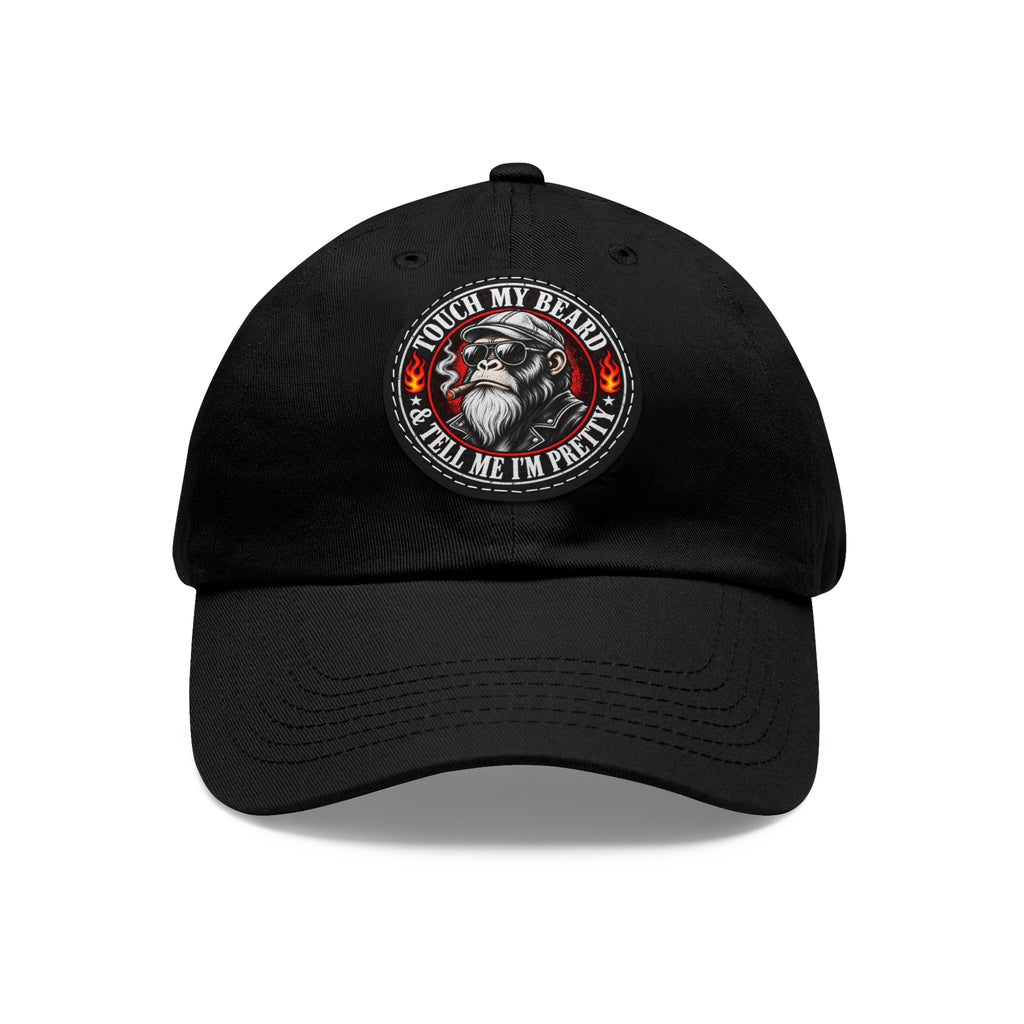 Black baseball cap with circular patch featuring a smoking monkey and text.