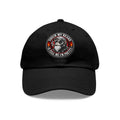 Black baseball cap with circular patch featuring a smoking monkey and text.