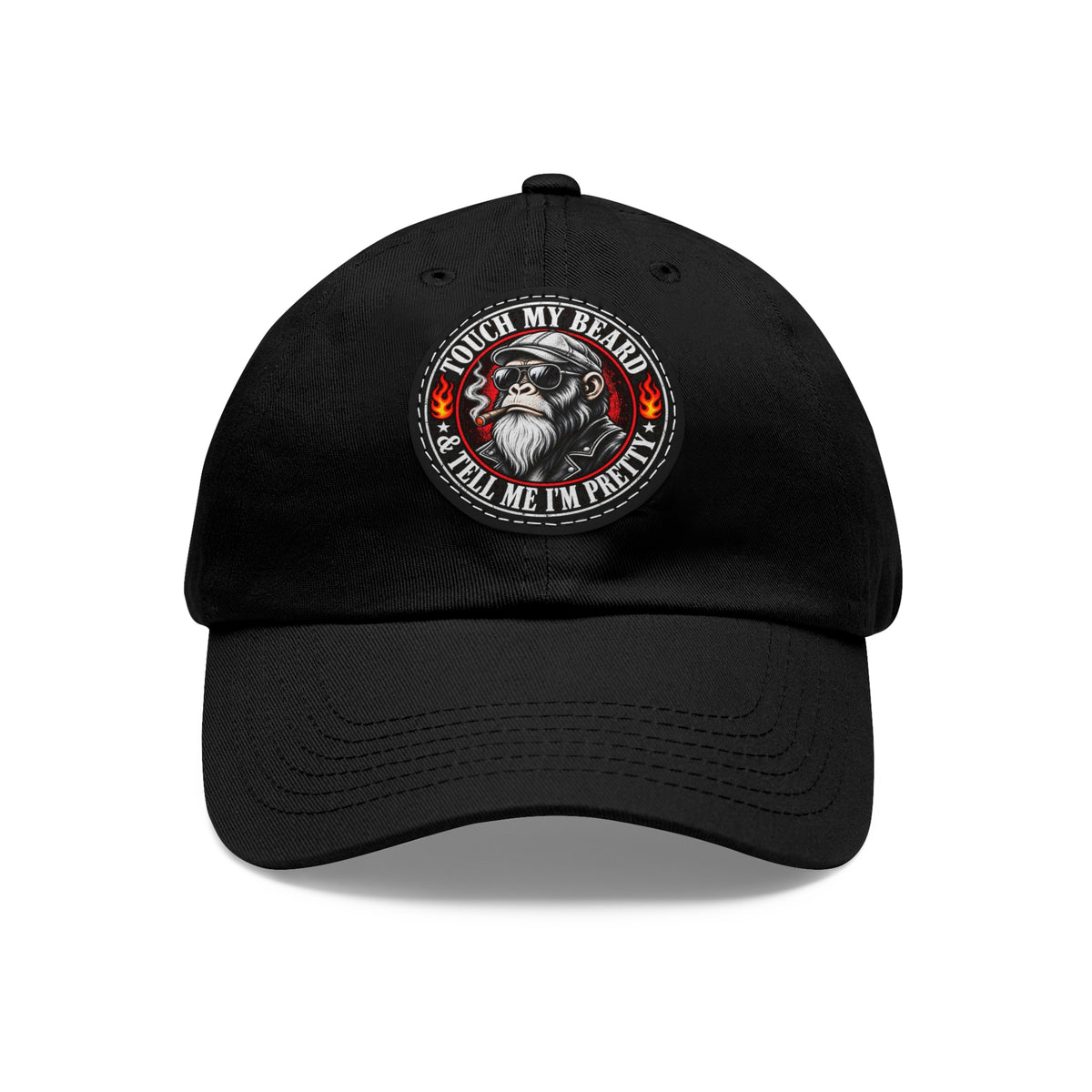 Black baseball cap with circular patch featuring a smoking monkey and text.