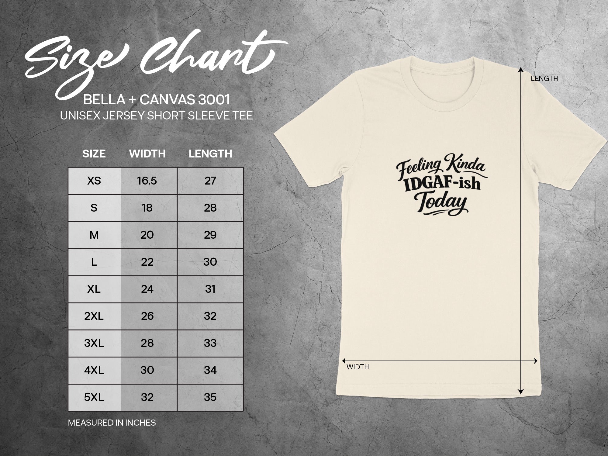 BELLA + CANVAS 3001 unisex tee size chart with width and length measurements in inches.
