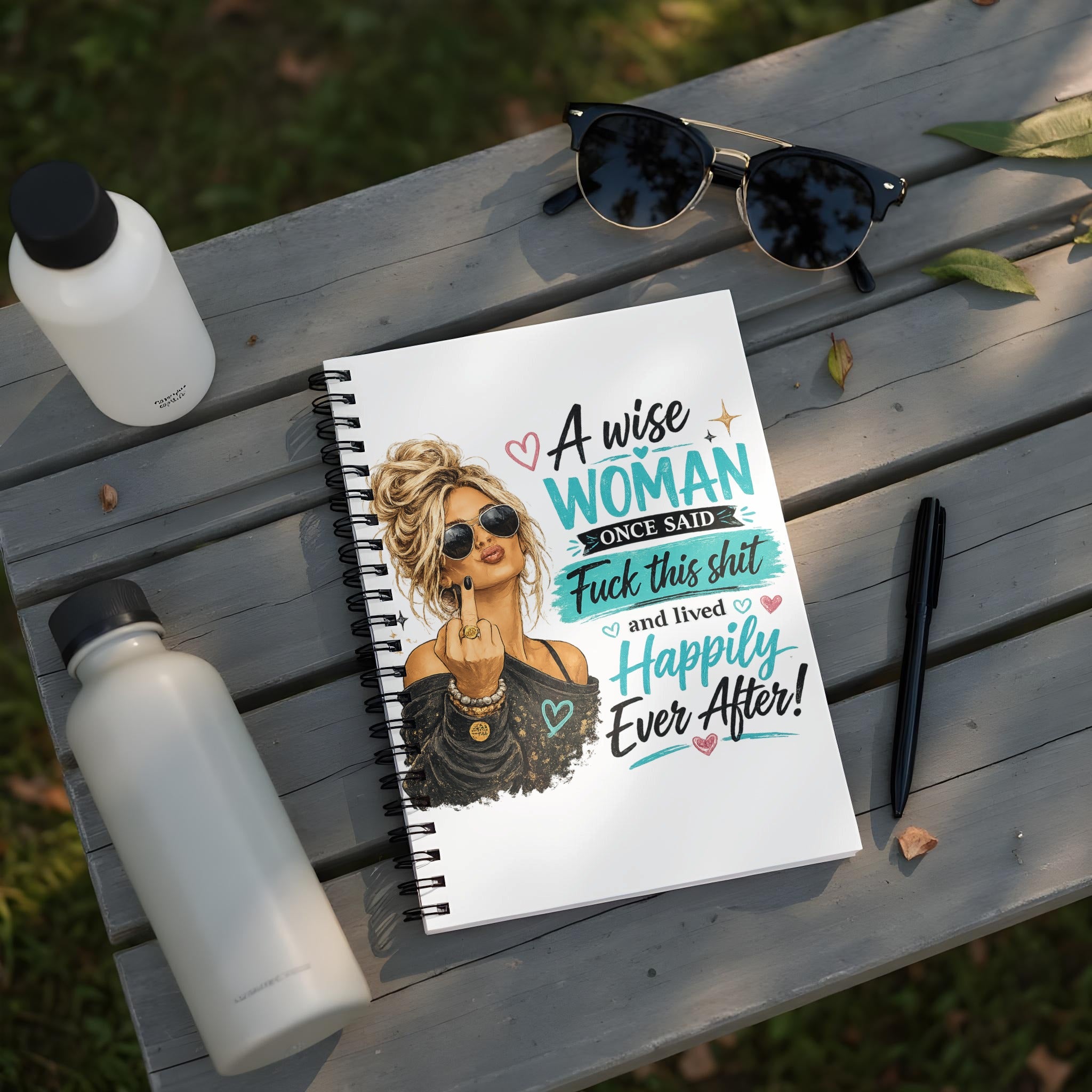 Spiral notebook with illustration and text: "A wise WOMAN ONCE SAID Fuck this shit and lived Happily Ever After!"