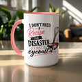 White mug with pink handle and rim featuring text and whisk graphic.