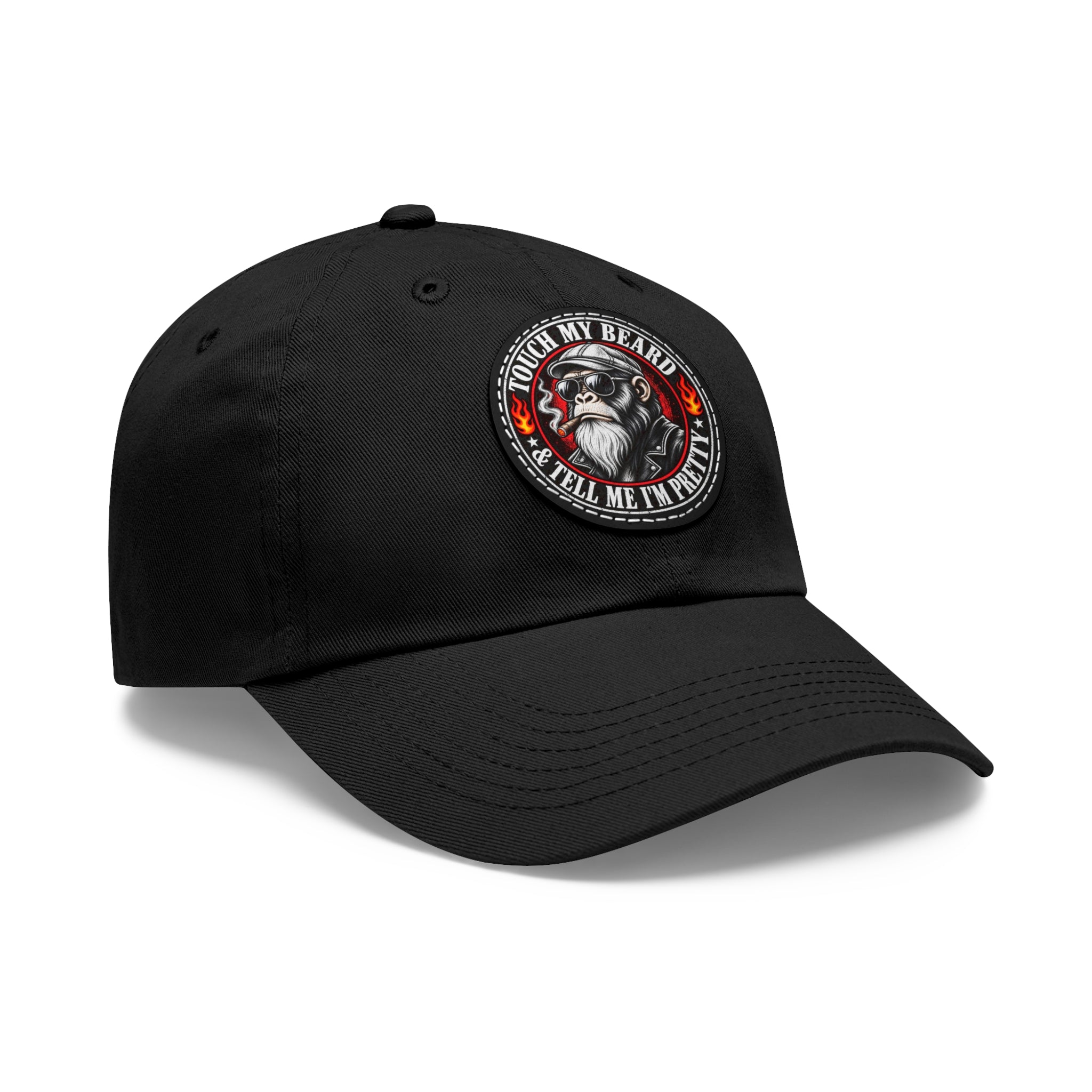 Black baseball cap with a patch featuring a smoking monkey and text "TOUCH MY BEARD & TELL ME I'M PRETTY".