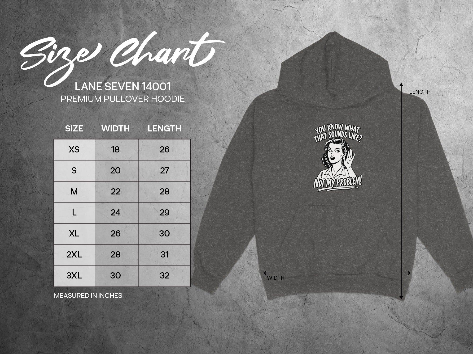 Lane Seven 14001 hoodie size chart with width and length measurements.