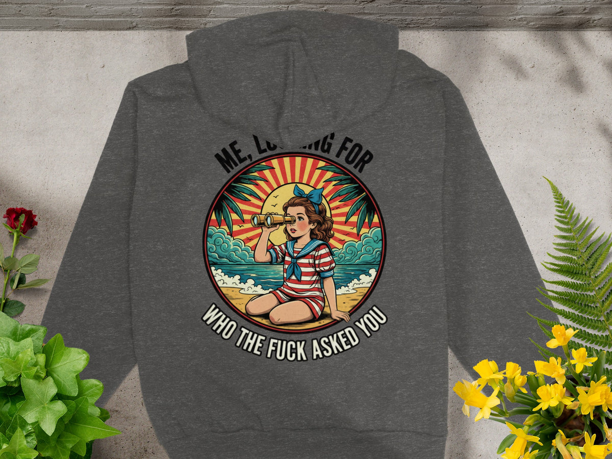 Dark grey hoodie with a graphic of a woman looking through binoculars with text.