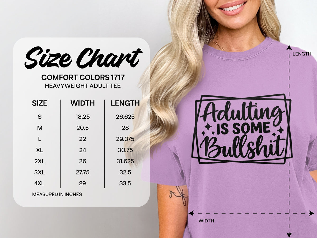 Size chart for Comfort Colors 1717 heavyweight adult tee with width and length measurements.