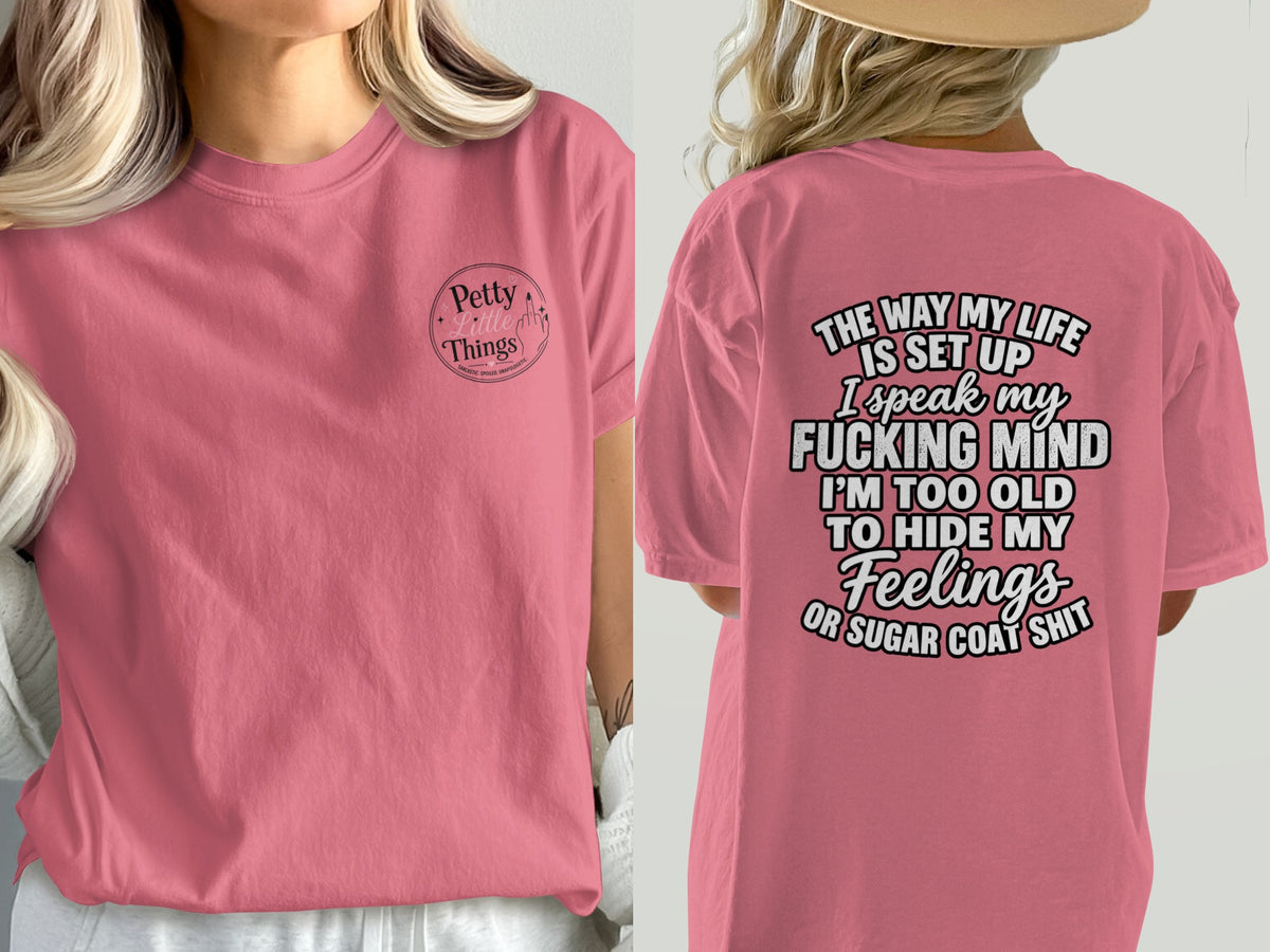 Pink t-shirt with "Petty Little Things" logo on front and text on back.