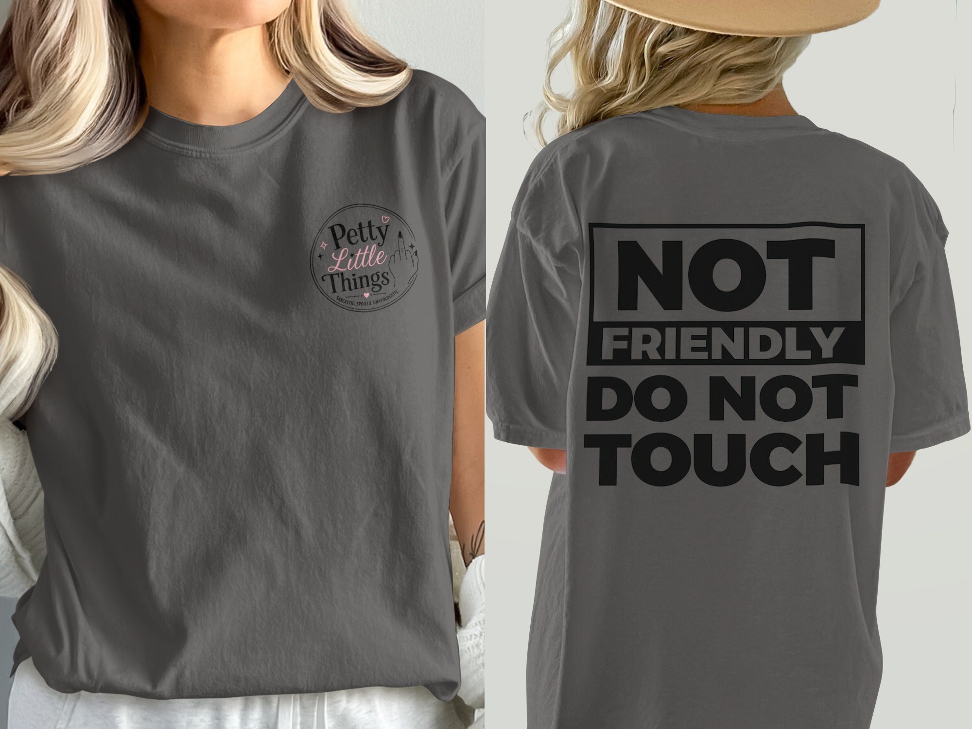 Dark gray t-shirt with "Petty Little Things" on front and "NOT FRIENDLY DO NOT TOUCH" on back.