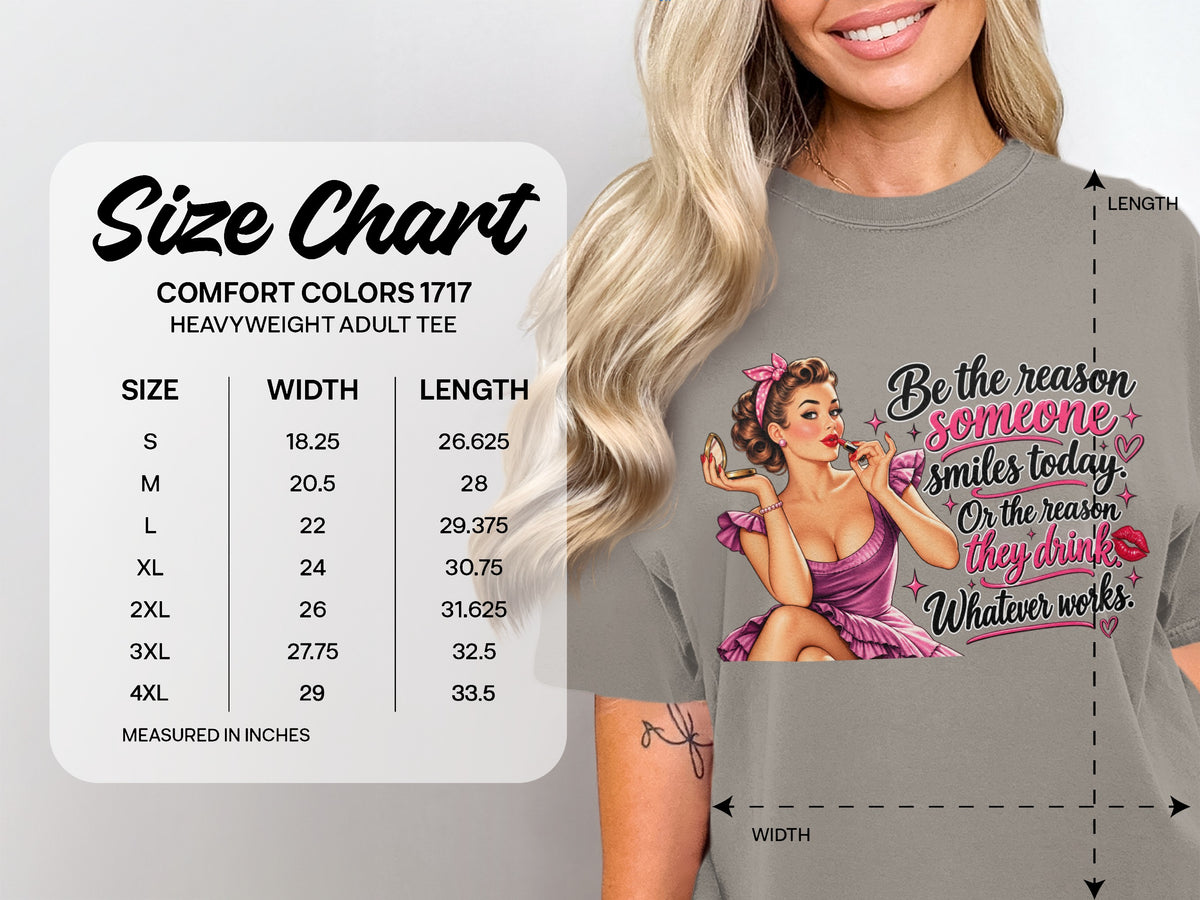 Comfort Colors 1717 heavyweight adult tee size chart with graphic and measurements.