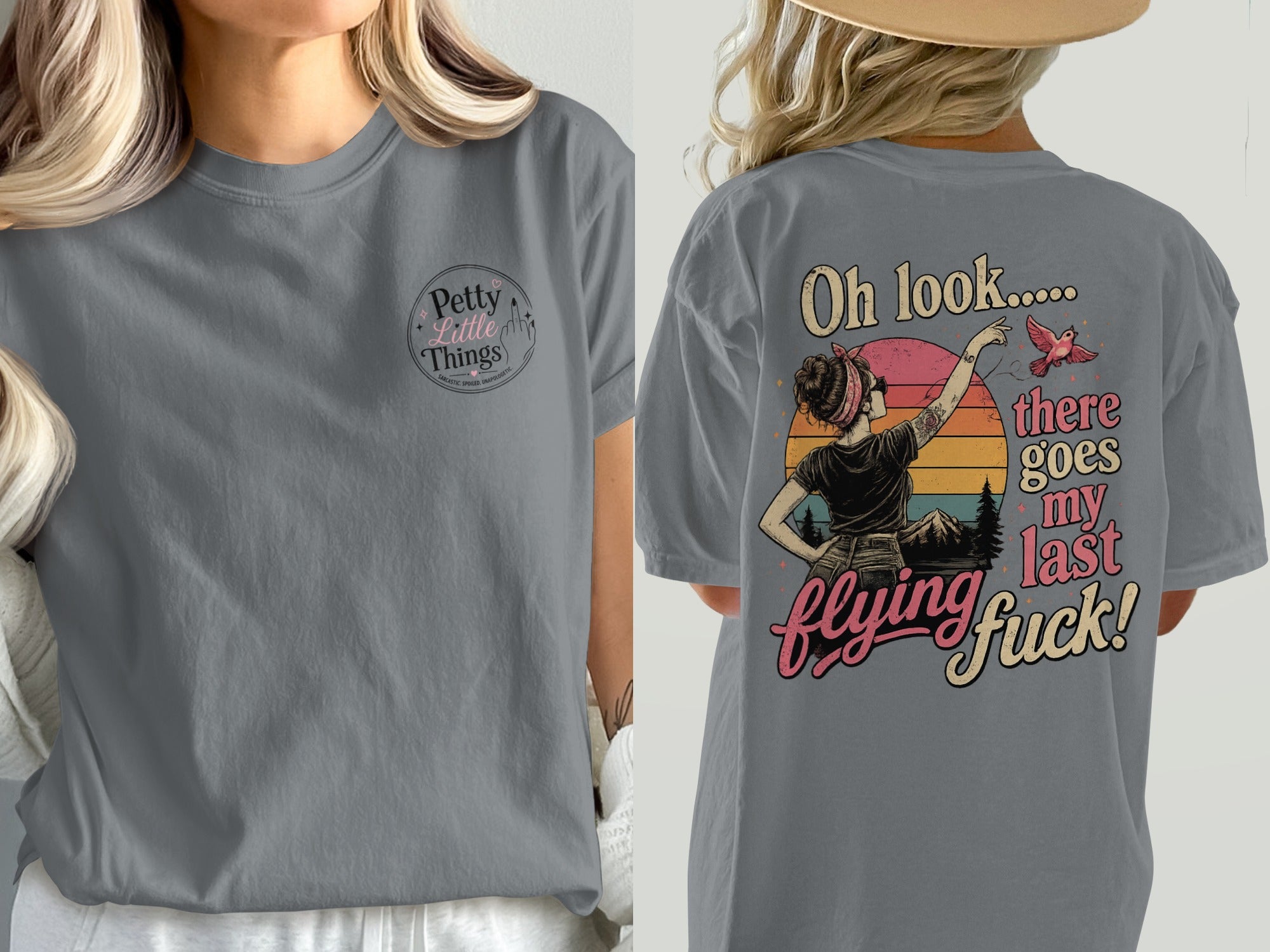 Grey t-shirt with "Petty Little Things" on front and graphic on back.