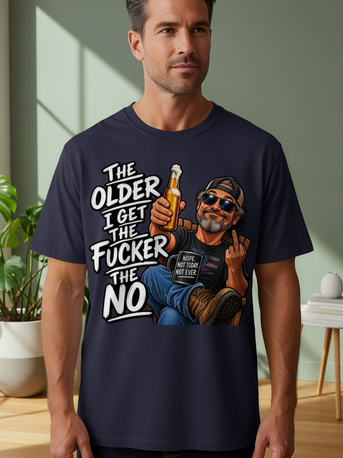 T-shirt with illustration of man holding beer, giving middle finger, and text.
