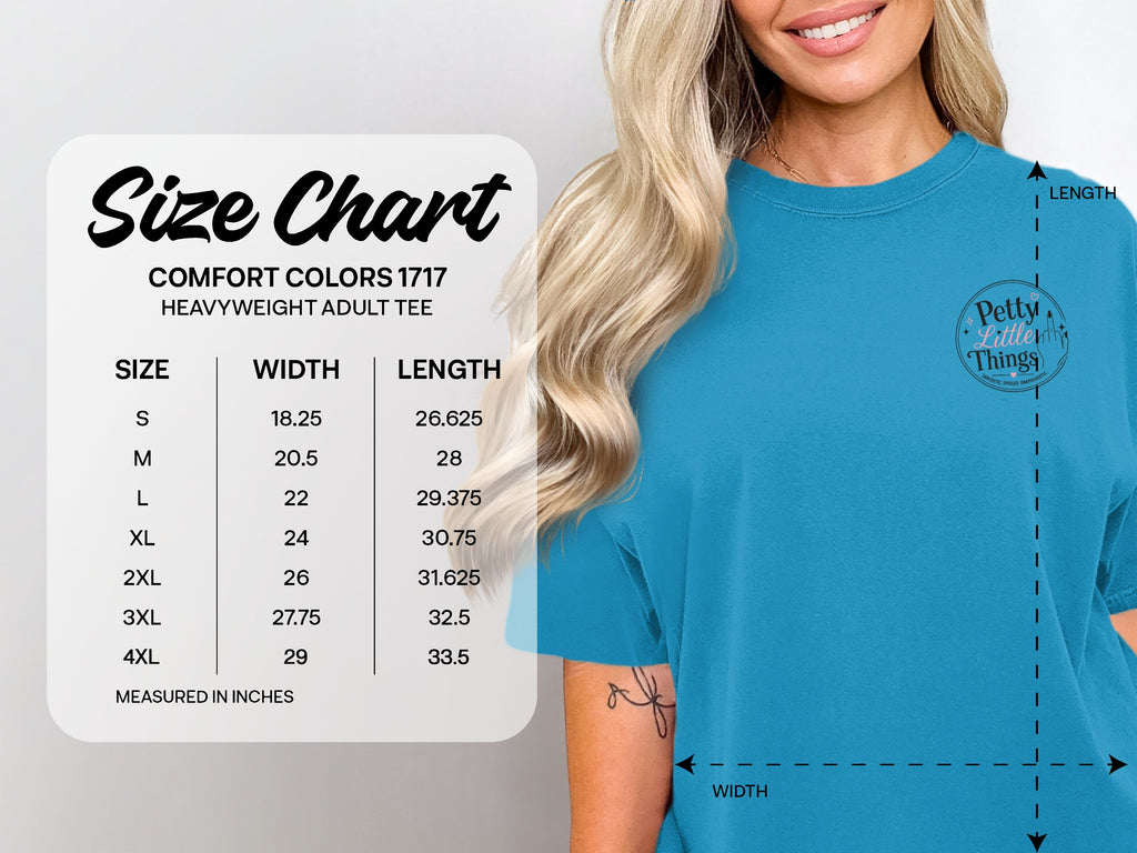 Comfort Colors 1717 size chart with measurements for size, width, and length.